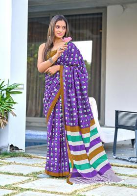 Purple Printed Cotton Saree Set