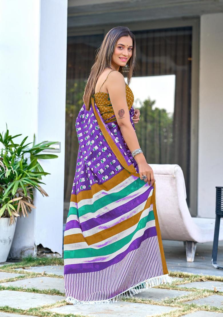 Purple Printed Cotton Saree Set - Indya