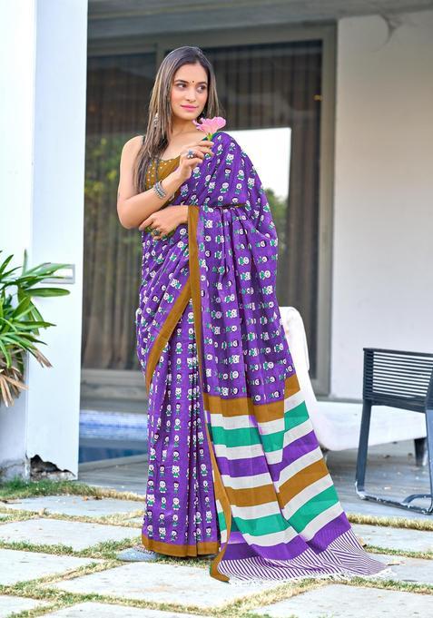 Purple Printed Cotton Saree Set