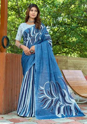 Teal Printed Cotton Saree Set