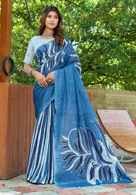 Teal Printed Cotton Saree Set