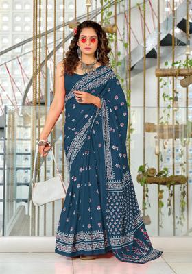 Teal Floral Print Cotton Saree Set