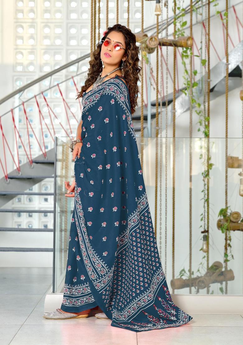 Teal Floral Print Cotton Saree Set - Indya