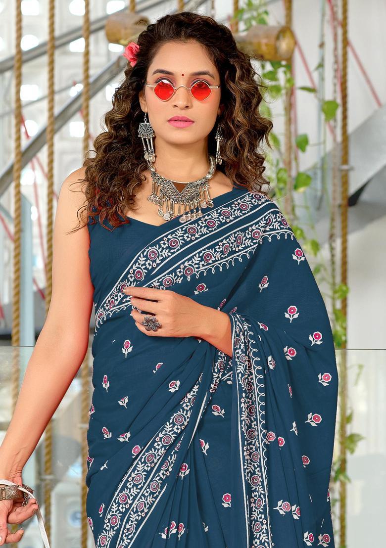 Teal Floral Print Cotton Saree Set - Indya
