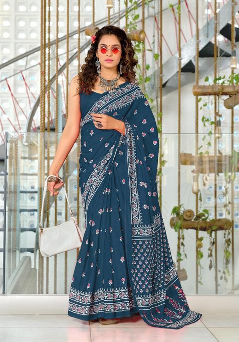 Teal Floral Print Cotton Saree Set