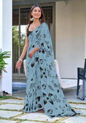 Teal Floral Print Cotton Saree Set