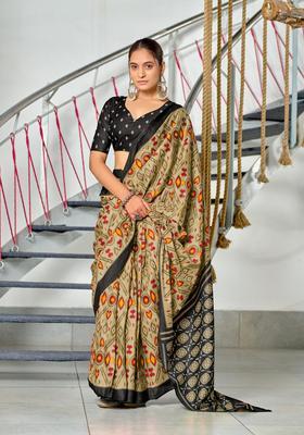 Beige Printed Cotton Saree Set