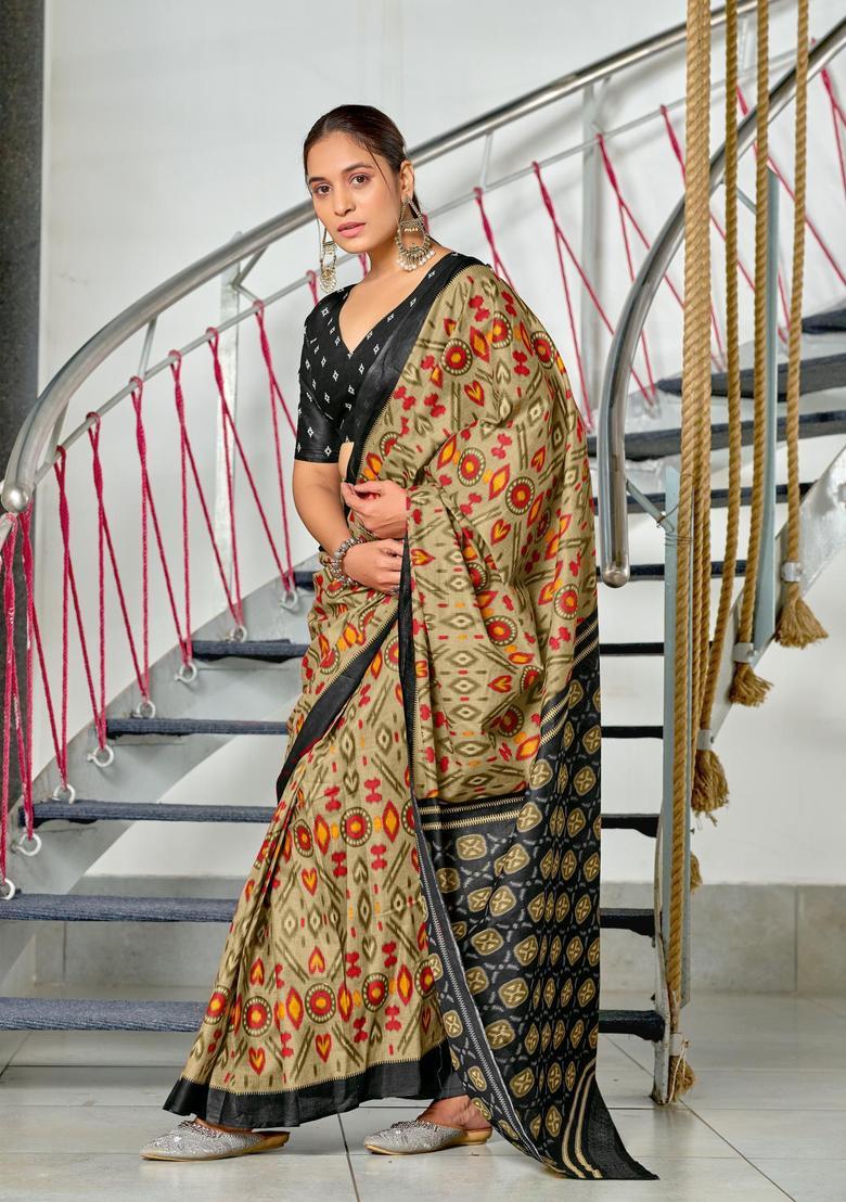 Beige Printed Cotton Saree Set - Indya