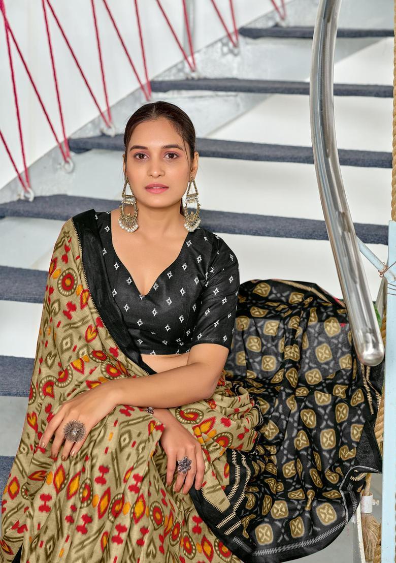 Beige Printed Cotton Saree Set - Indya