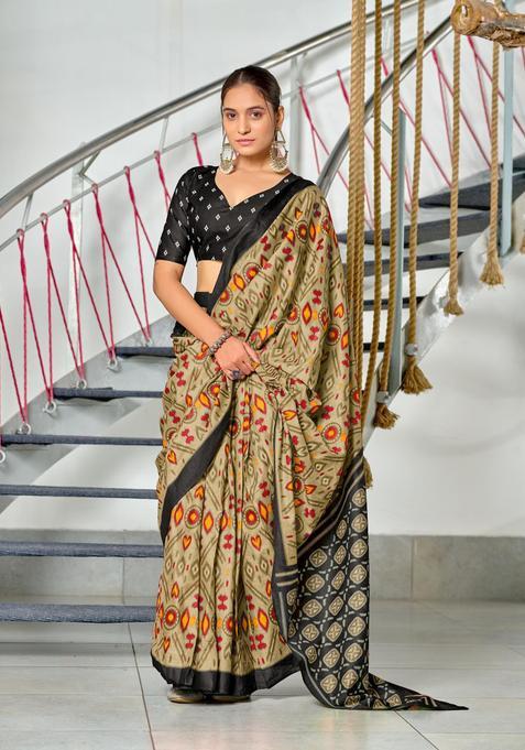 Beige Printed Cotton Saree Set