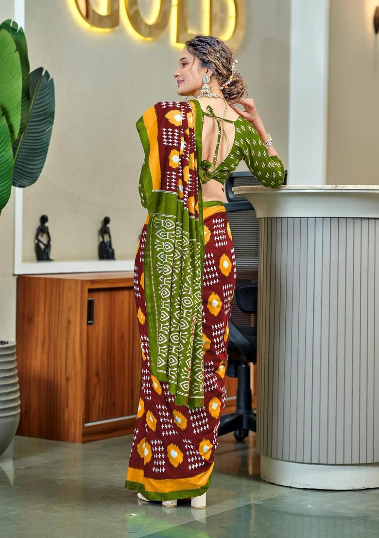 Maroon Printed Cotton Saree Set - Indya