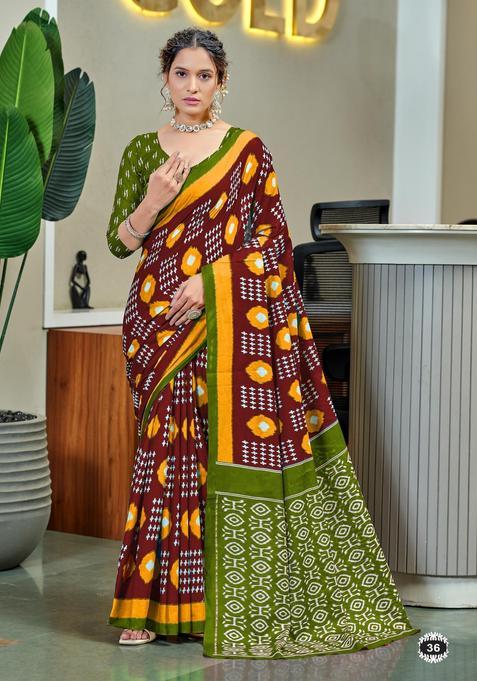 Maroon Printed Cotton Saree Set
