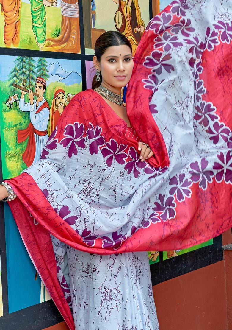 Pink Floral Print Cotton Saree Set - Indya
