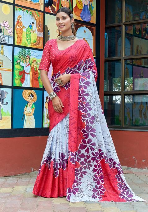 Pink Floral Print Cotton Saree Set