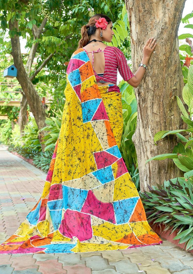 Multicolor Printed Cotton Saree Set - Indya