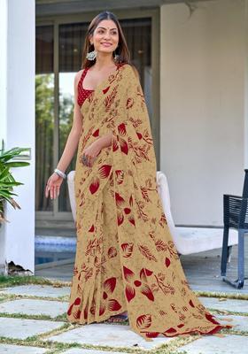 Beige Floral Print Cotton Saree Set