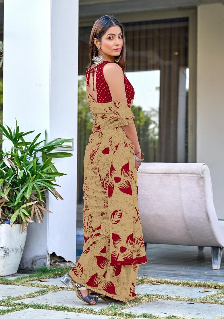 Beige Floral Print Cotton Saree Set - Indya