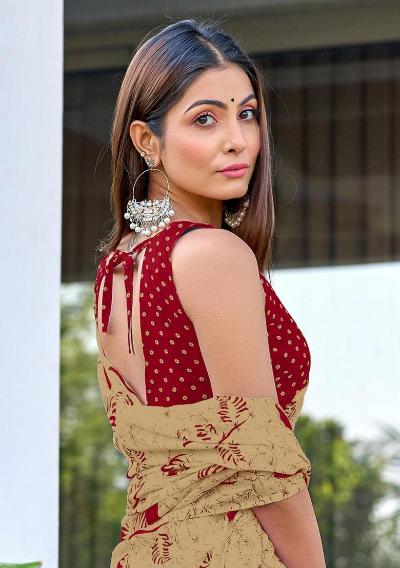 Beige Floral Print Cotton Saree Set - Indya