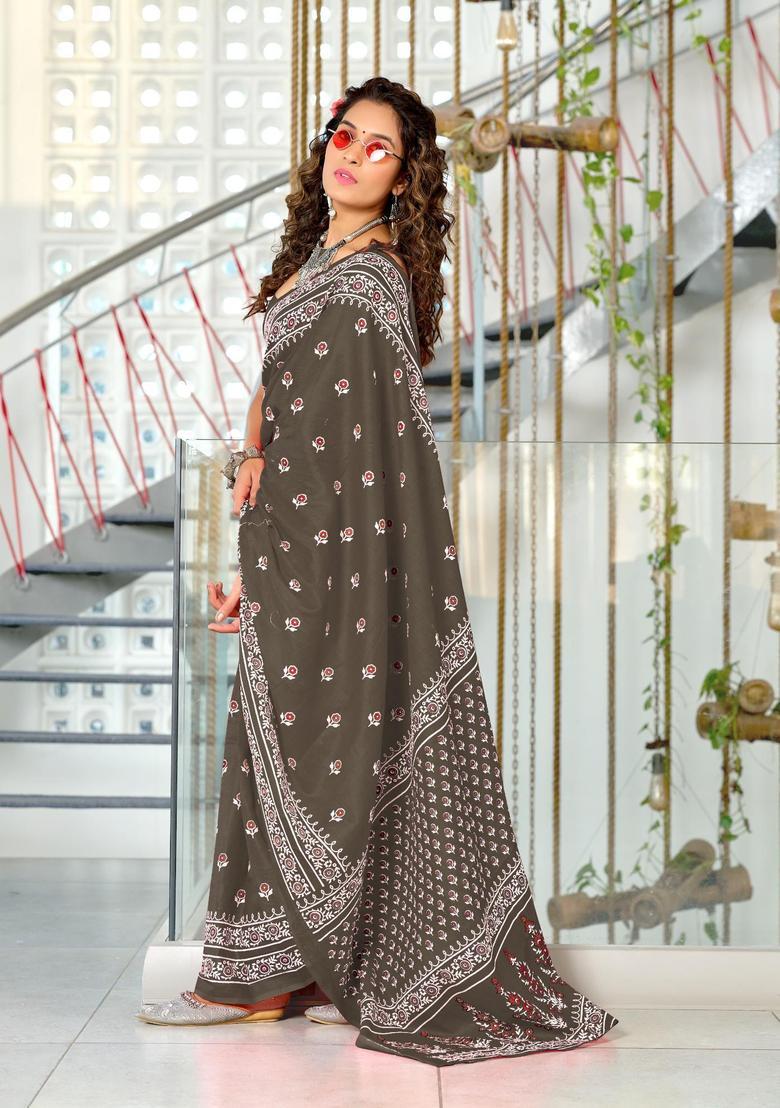 Grey Floral Print Cotton Saree Set - Indya
