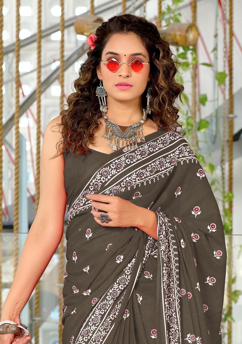 Grey Floral Print Cotton Saree Set - Indya