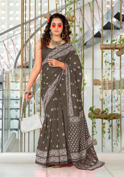 Grey Floral Print Cotton Saree Set