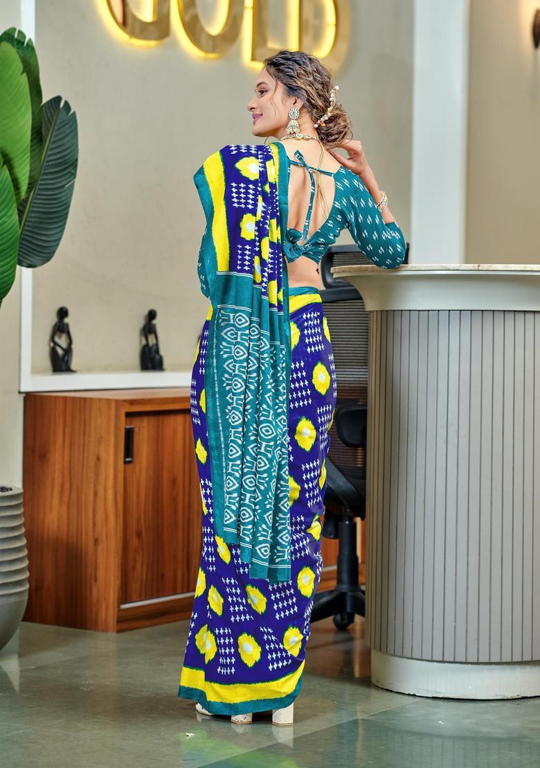 Blue Printed Cotton Saree Set - Indya