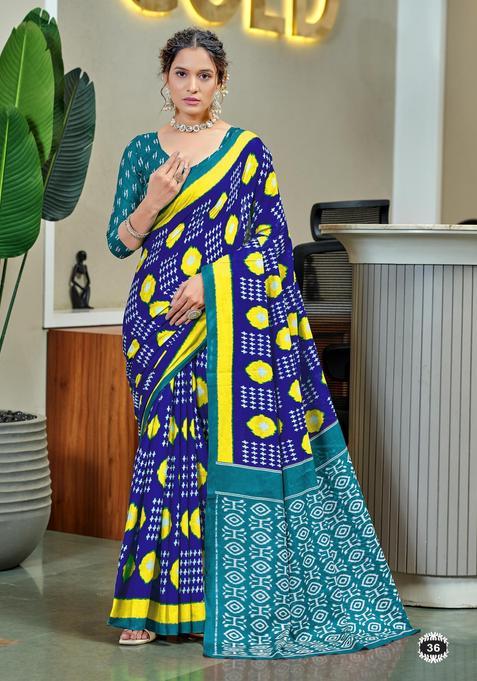 Blue Printed Cotton Saree Set