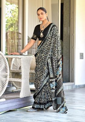 Black Geometric Print Cotton Saree Set