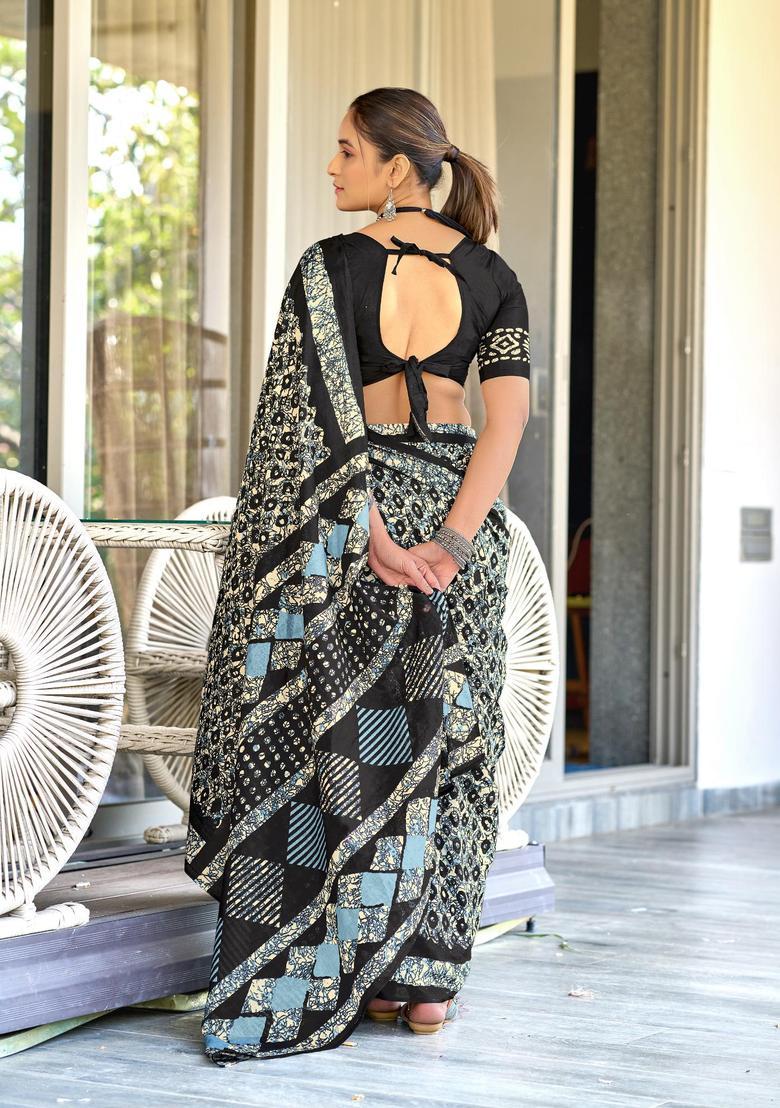 Black Geometric Print Cotton Saree Set - Indya