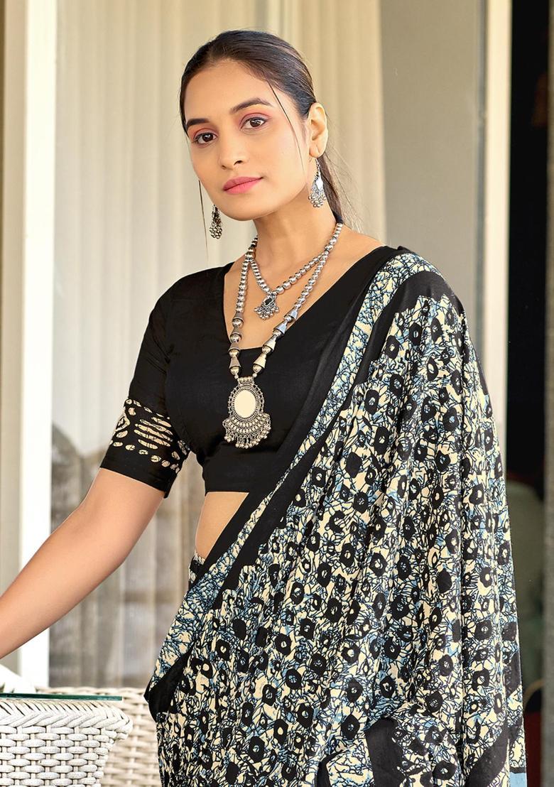 Black Geometric Print Cotton Saree Set - Indya