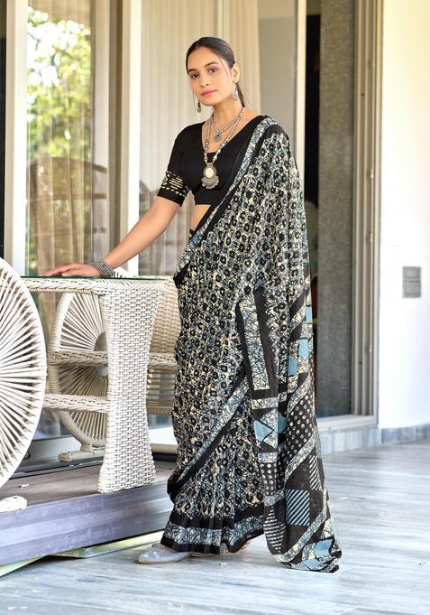 Black Geometric Print Cotton Saree Set