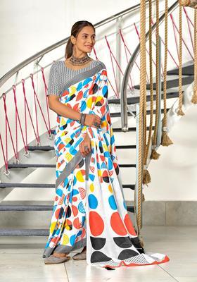 Multicolor Geometric Print Cotton Saree Set