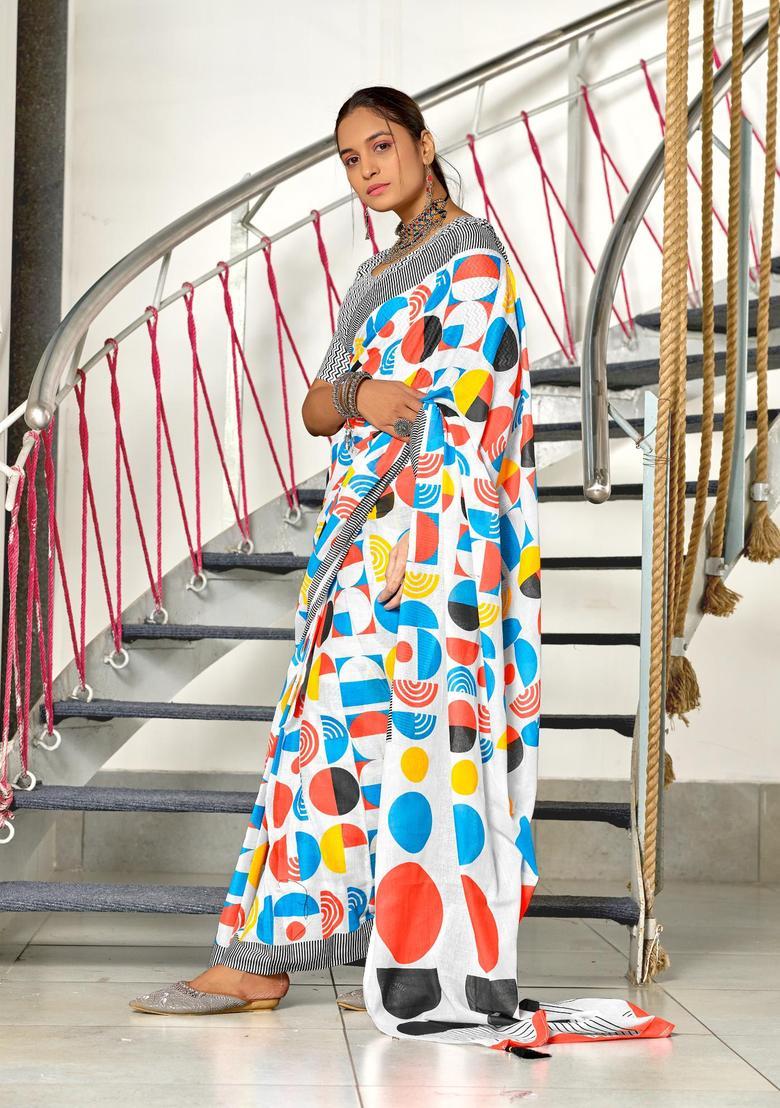 Multicolor Geometric Print Cotton Saree Set - Indya