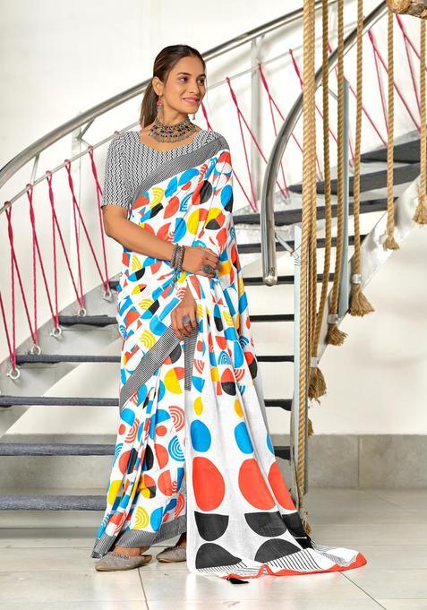 Multicolor Geometric Print Cotton Saree Set