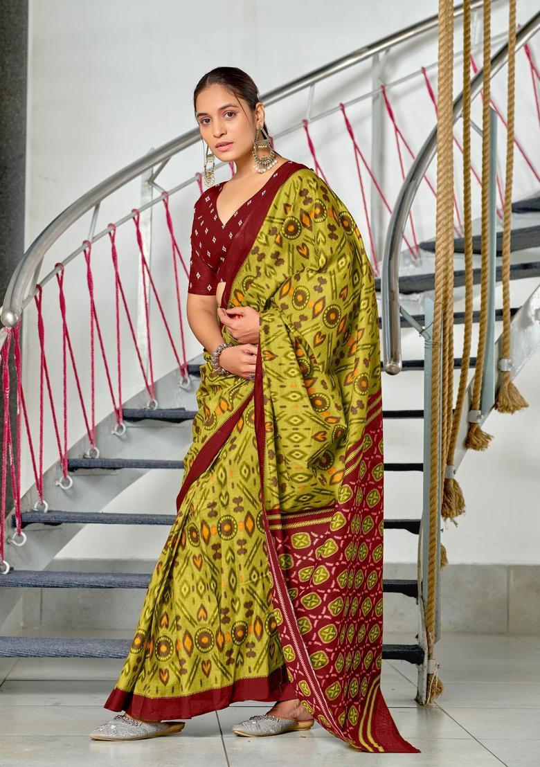 Green Printed Cotton Saree Set - Indya