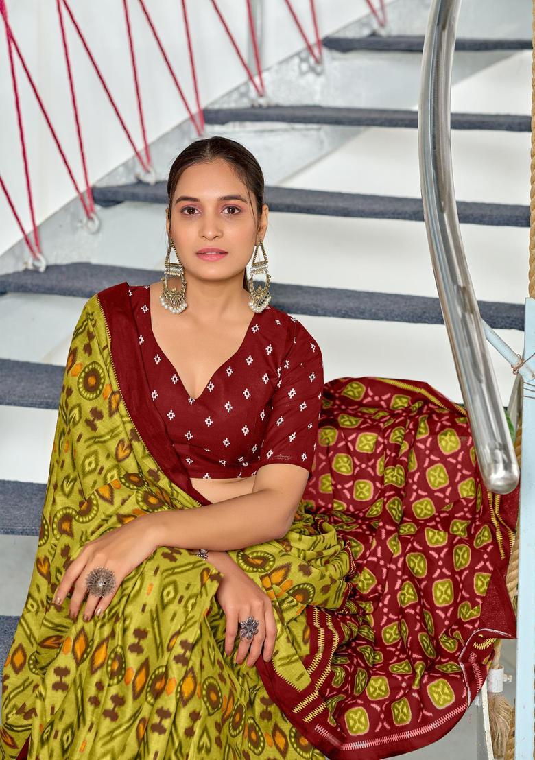 Green Printed Cotton Saree Set - Indya