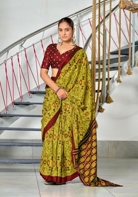 Green Printed Cotton Saree Set