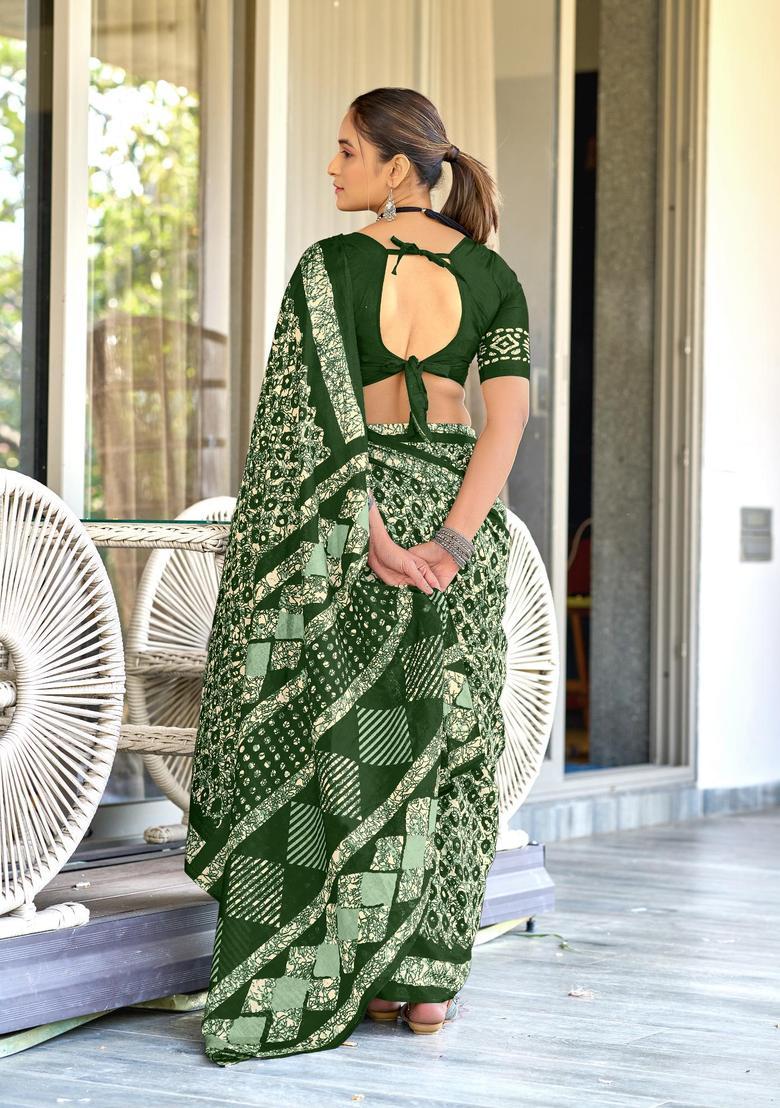 Green Geometric Print Cotton Saree Set - Indya