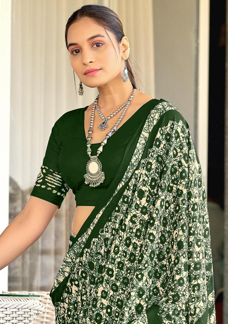 Green Geometric Print Cotton Saree Set - Indya
