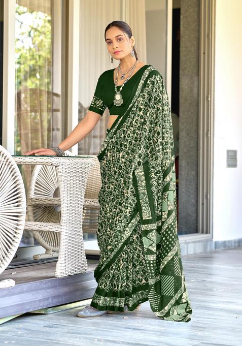 Green Geometric Print Cotton Saree Set
