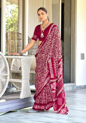 Pink Geometric Print Cotton Saree Set