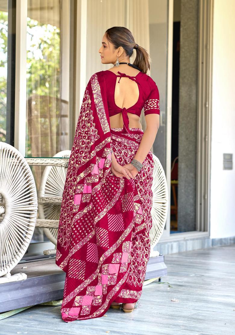 Pink Geometric Print Cotton Saree Set - Indya