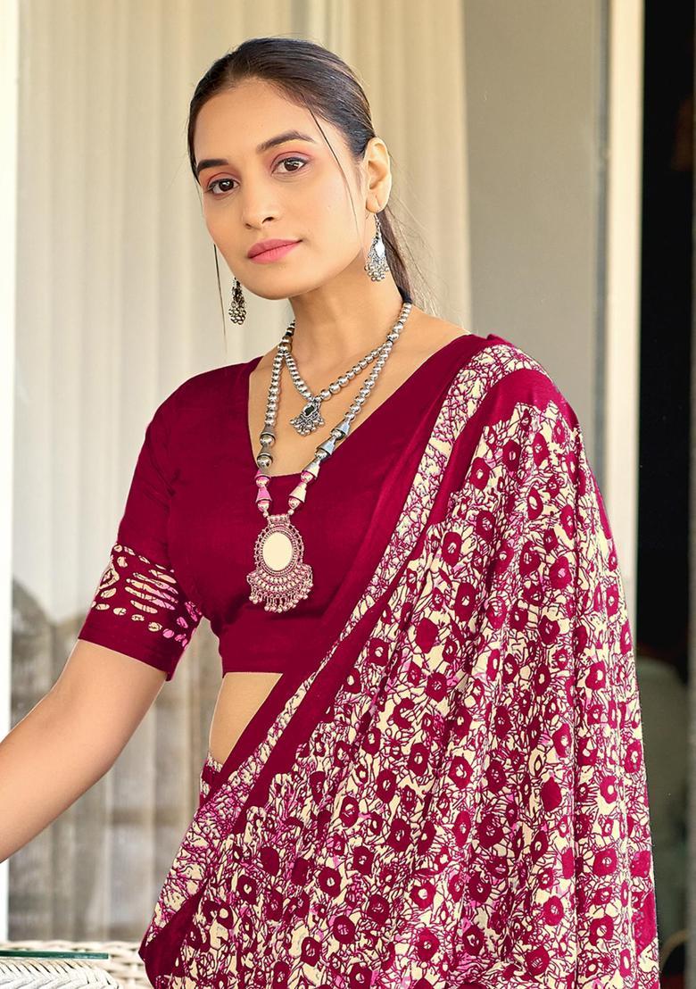Pink Geometric Print Cotton Saree Set - Indya