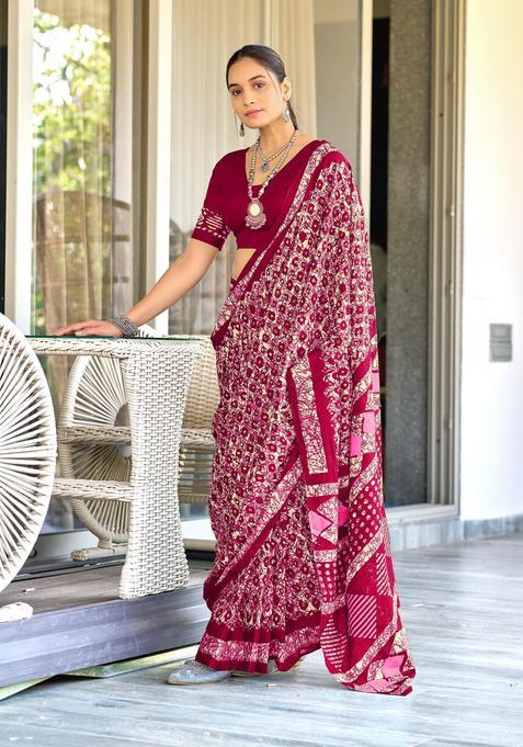 Pink Geometric Print Cotton Saree Set