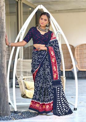 Blue Geometric Print Cotton Saree Set