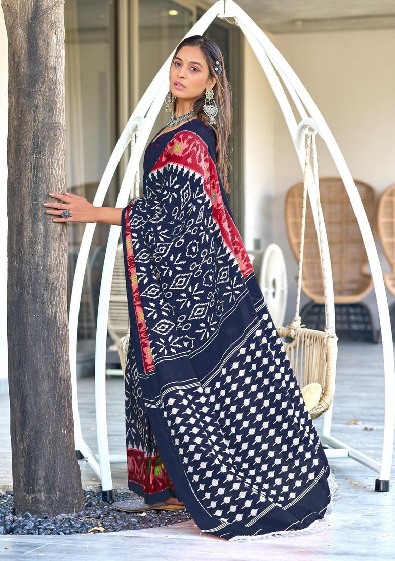 Blue Geometric Print Cotton Saree Set - Indya