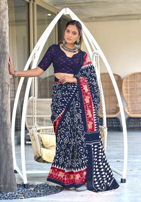 Blue Geometric Print Cotton Saree Set