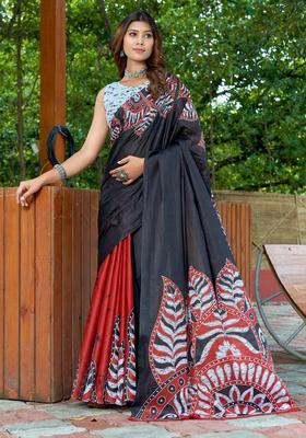 Black Printed Cotton Saree Set