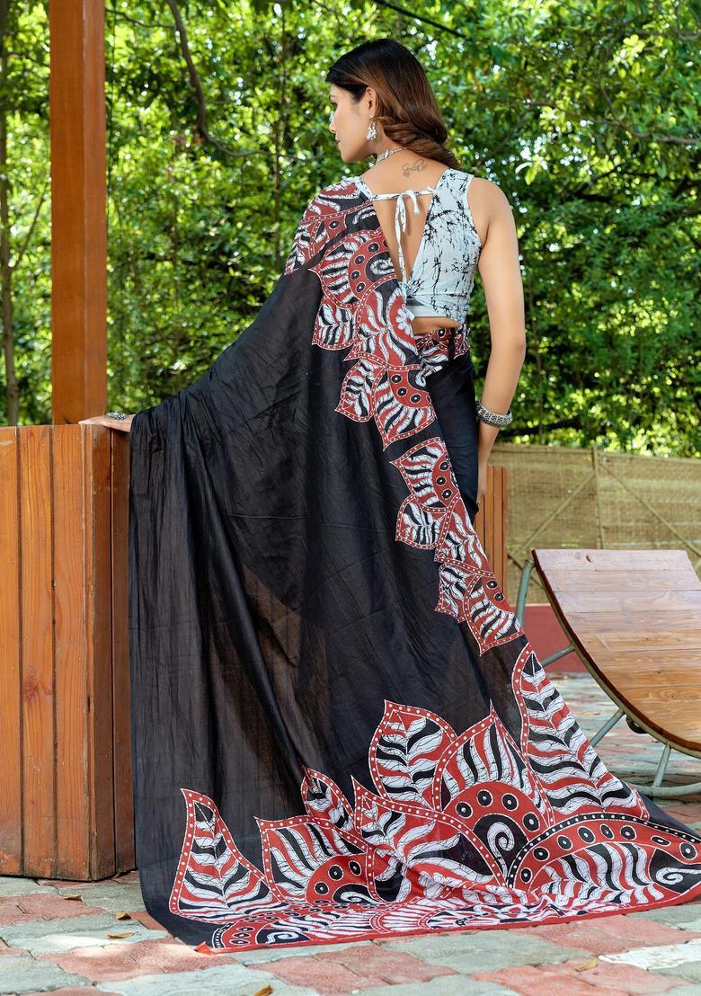 Black Printed Cotton Saree Set - Indya