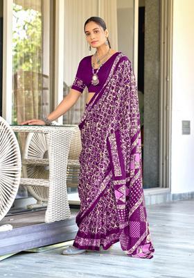 Purple Geometric Print Cotton Saree Set